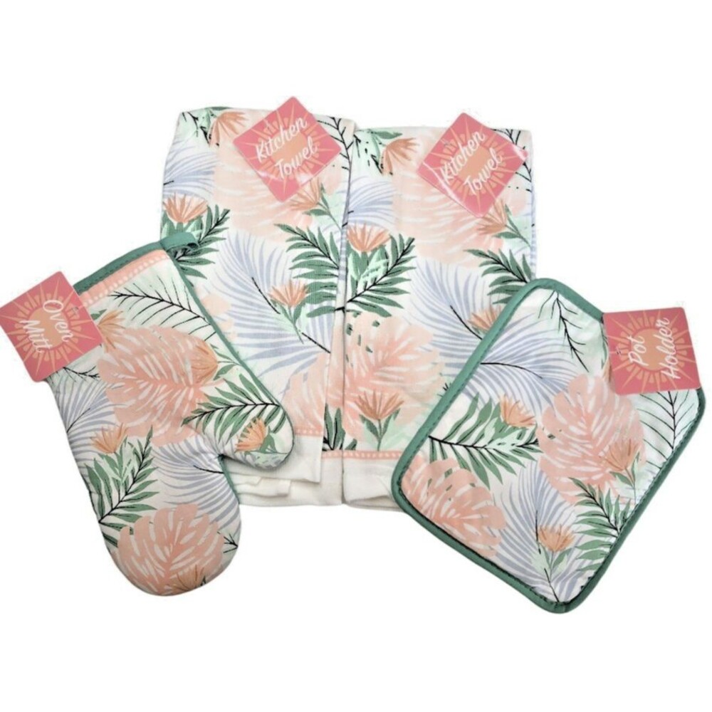 Pink Palm Kitchen Dish Towels Oven Mitt Potholder Beach Summer House Set of 4